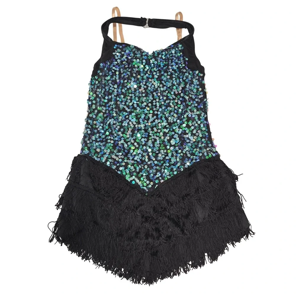 Weismann Girls Sequin Fringe Dance Costume Leotard Teal Blue Black Jazz Small